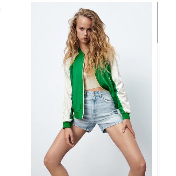 ZARA GLOSSY BOMBER JACKET - NAVY BLUE & APPLE GREEN XS - Picture 1 of 6